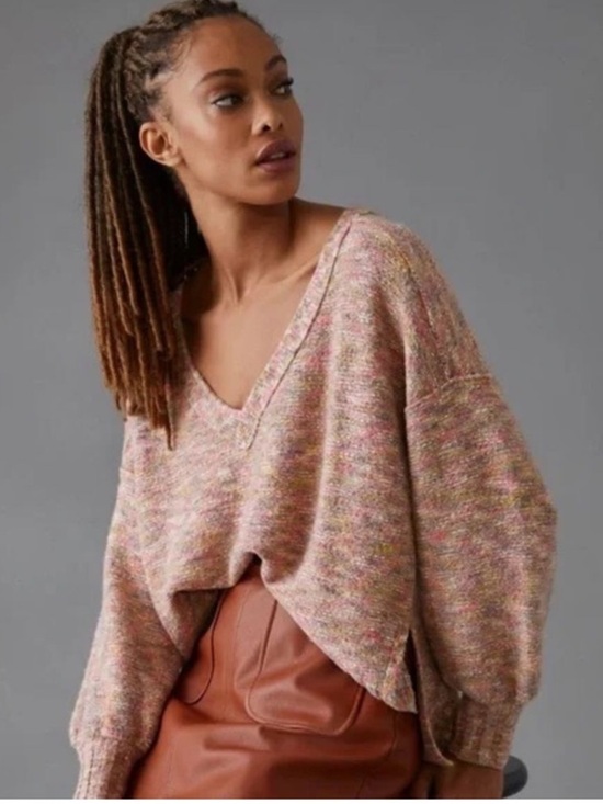 Anthropologie Sweaters - Pilcro Anthropologie Deep V Knit Sweater Chunky Multi Colored Pastel Small